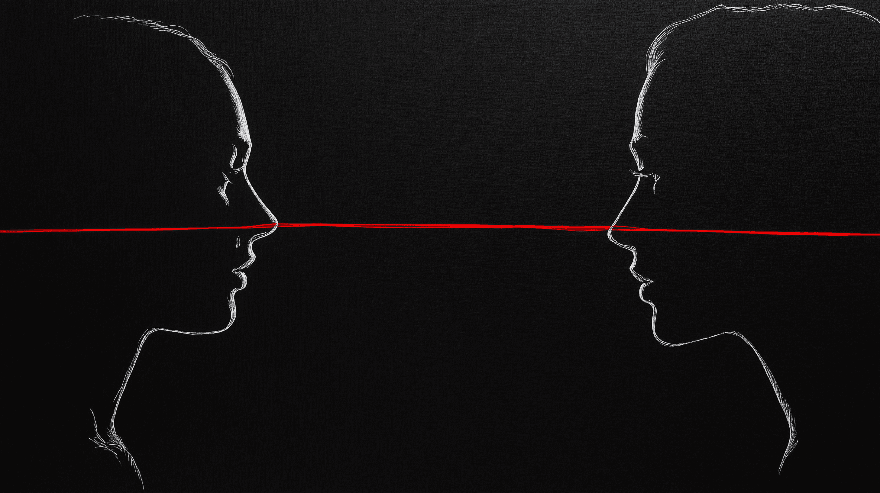 שני צלליות פנים בפרופיל על רקע שחור, ביניהן חוט אדום יחיד מתוח שמתחיל להתפרם — המתח בין אהבת אמת לשבריריות שלה