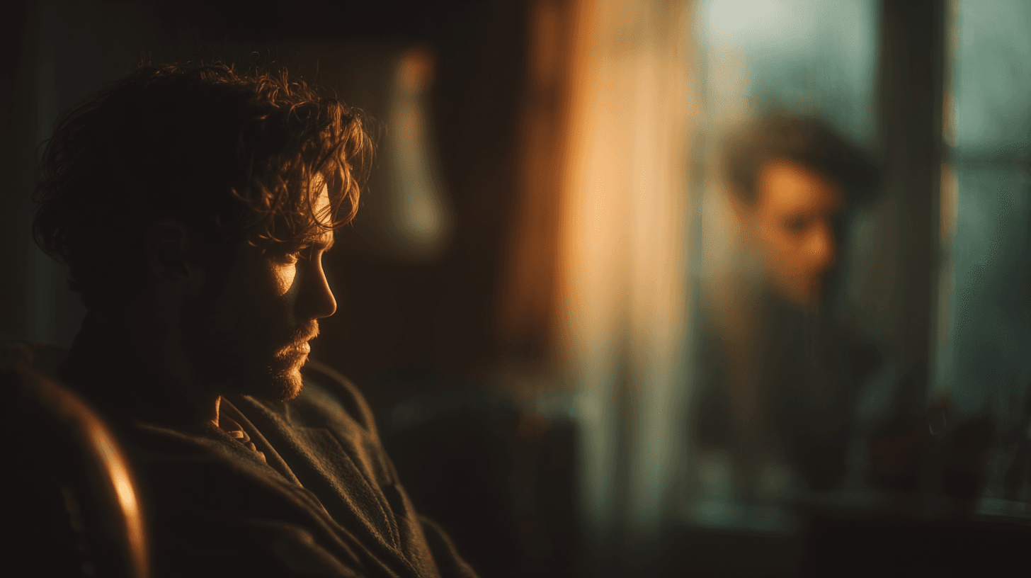 גבר יושב שפוף בחדר חשוך, השתקפותו בחלון מראה אותו עומד זקוף — הדואליות של נרטיב וגוף