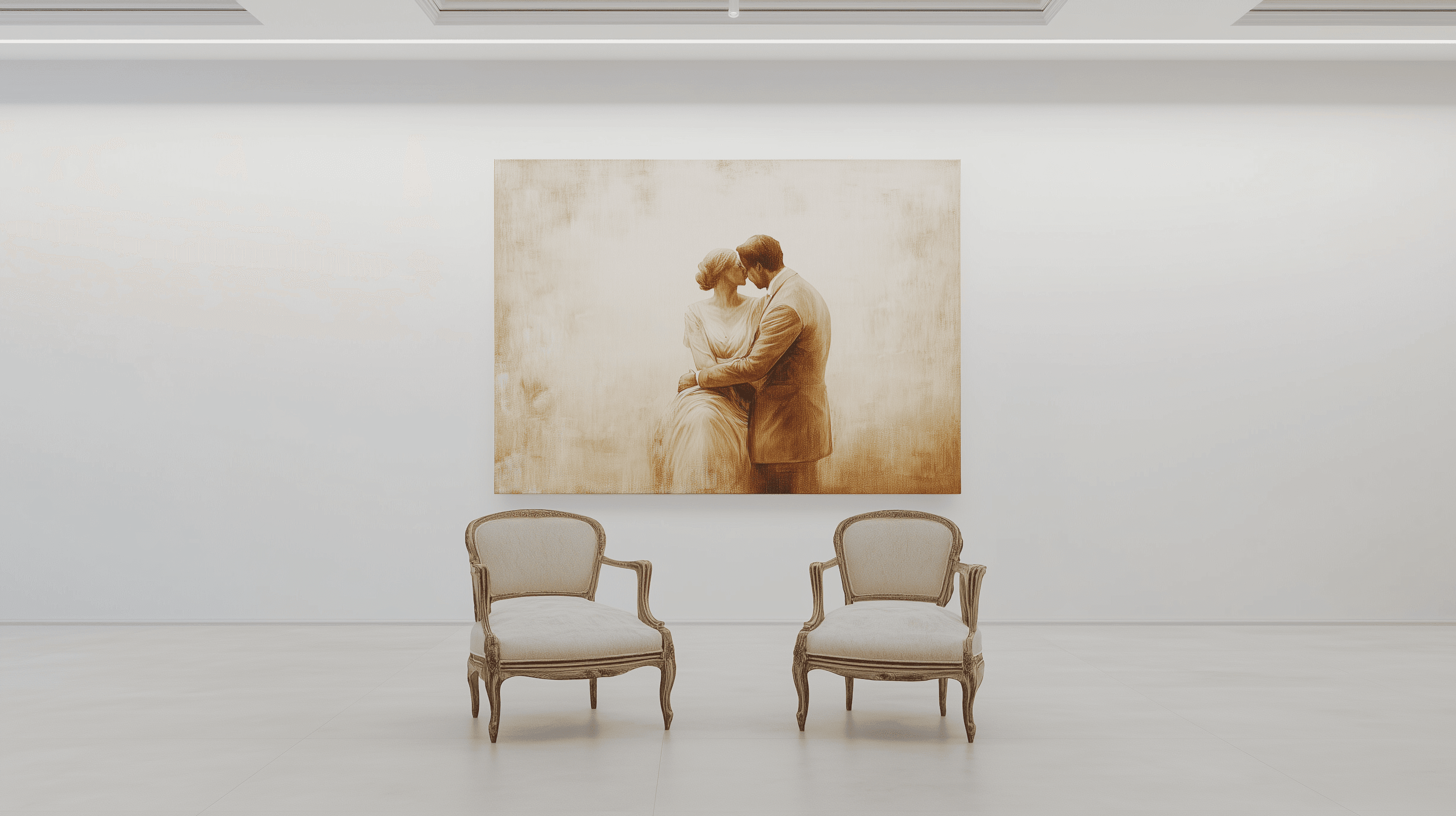 שני כיסאות וינטג׳ ריקים מול ציור של חיבוק בגלריה לבנה — הפרדוקס של אהבה אפלטונית, נוכחת באמנות אך נעדרת מהחדר