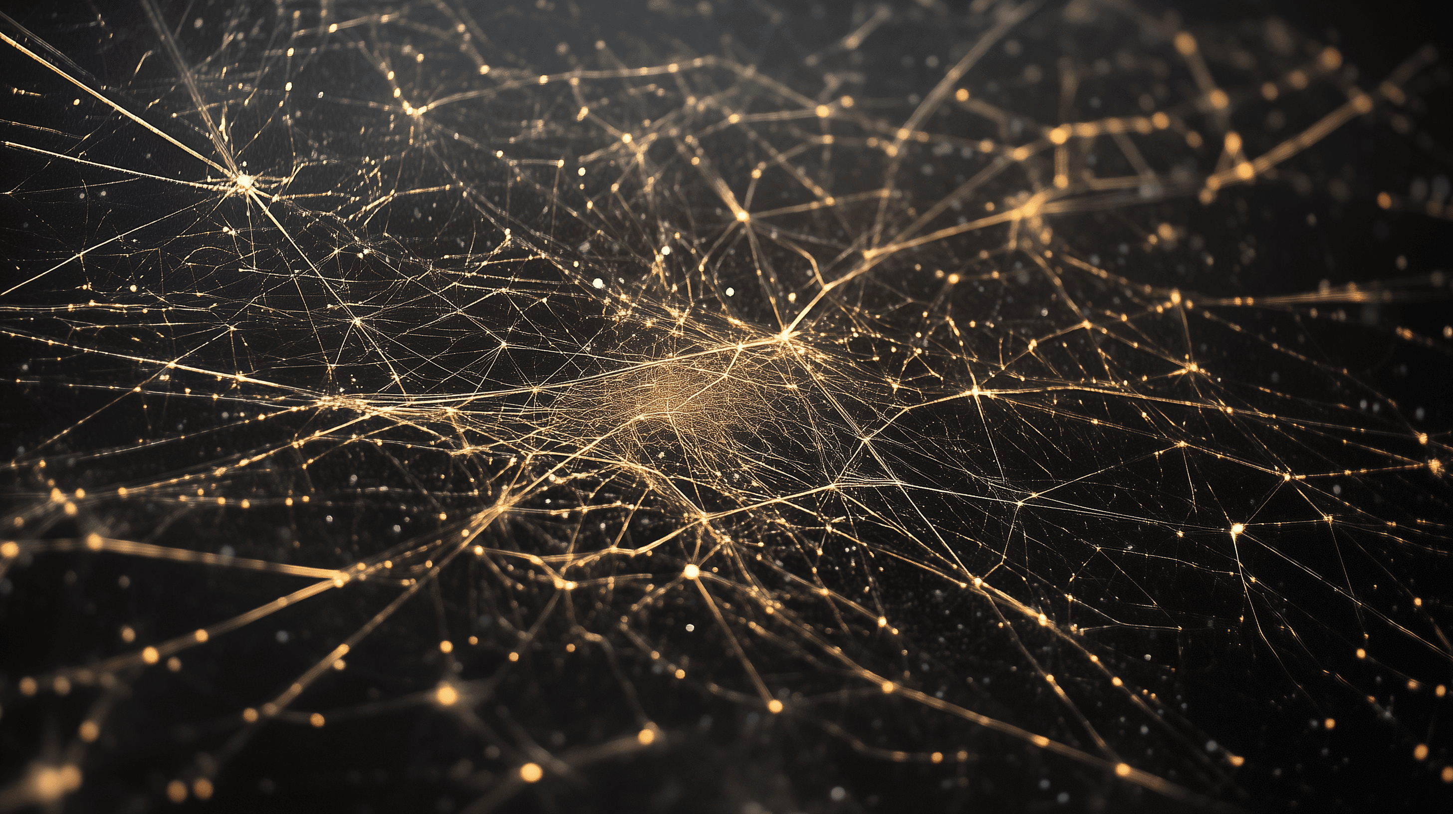 רשת עדינה של חוטי זהב על רקע שחור, נקודות אור חמות בכל צומת כמו מפת כוכבים — המוח המבוזר והחשיבה המפוזרת